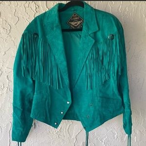 Vintage Turquoise Fringe Jacket Suede Medium 80s Festival